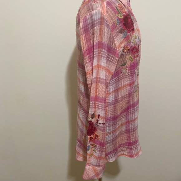Johnny Was Pink and White Embellished Button Down Shirt - Picture 3 of 13